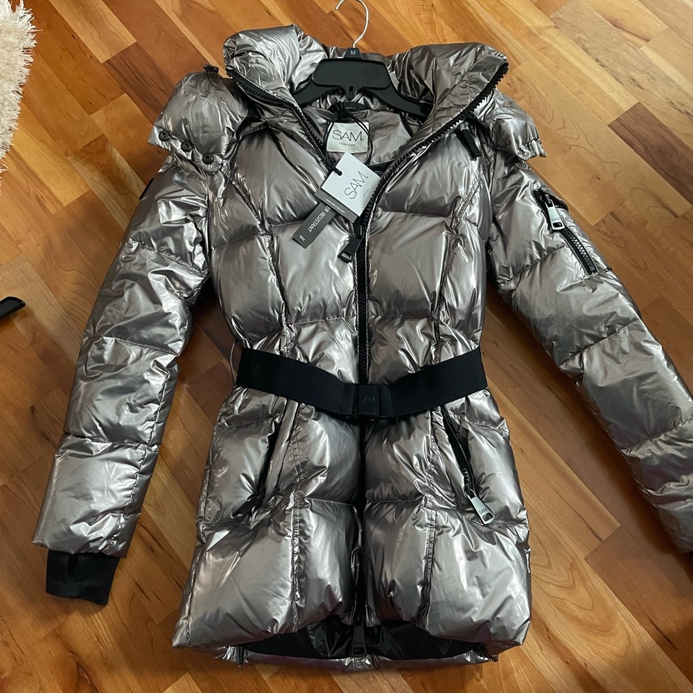 SAM. Silver Metallic Puffer Coat with Belted Waist